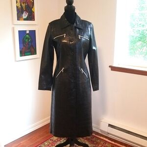 VINTAGE 90s Pieced Leather Trench Coat with Moto Zipper Small
